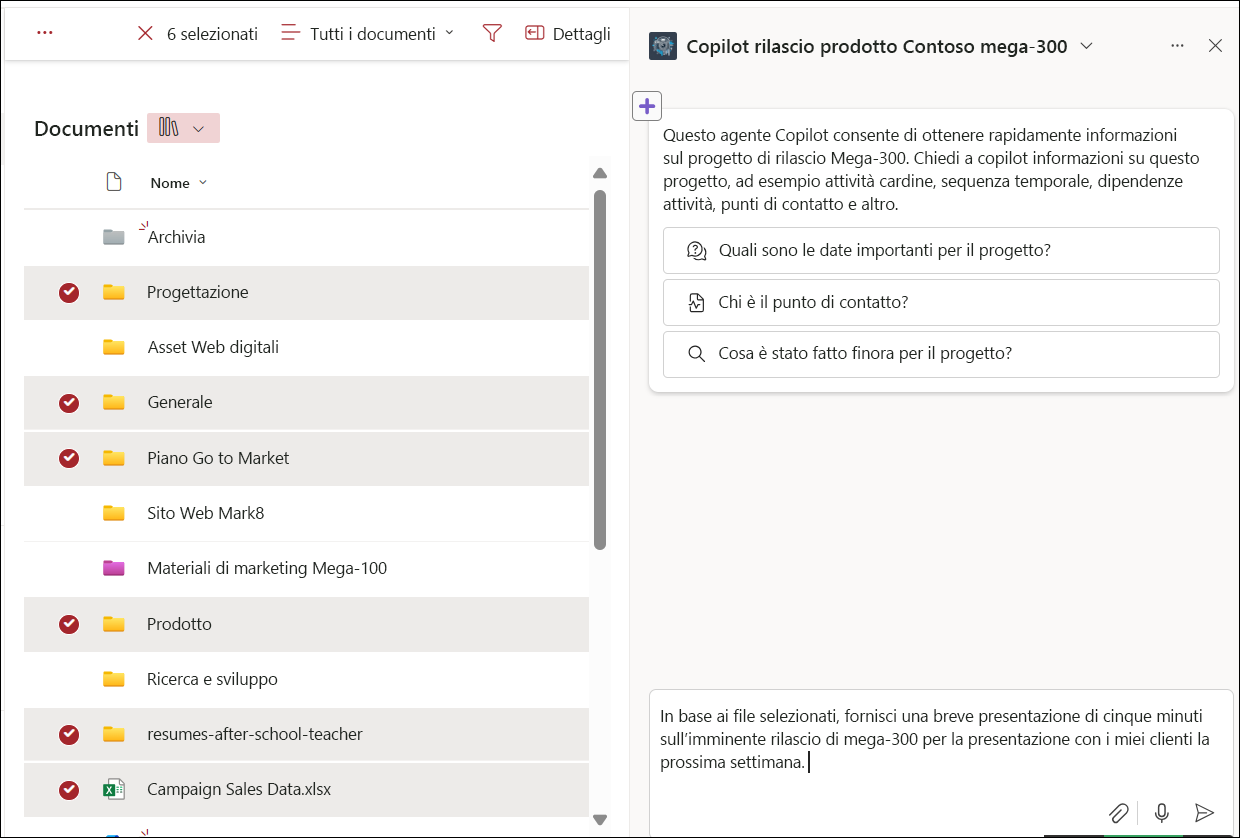 Screenshot della selezione dei file dalla raccolta documenti per la chat