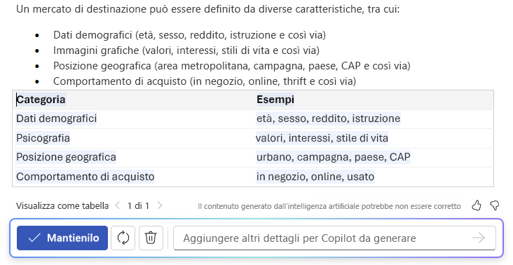Screenshot di Copilot in Word che mostra la funzionalità testo in tabella