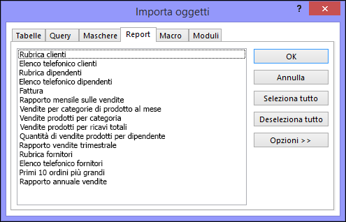 Finestra di dialogo Importa oggetti in un database di Access