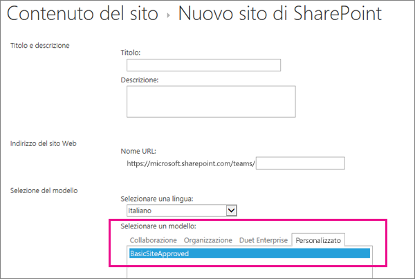 Parte superiore della finestra di dialogo di creazione sito