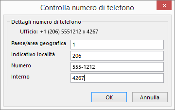 In Numeri di telefono nella scheda contatto di Outlook scegliere un'opzione e aggiornare la finestra di dialogo Controlla numero di telefono in base alle esigenze.