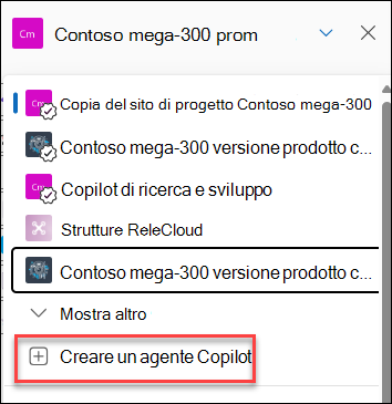 Screenshot della creazione di un nuovo agente copilot dal riquadro chat