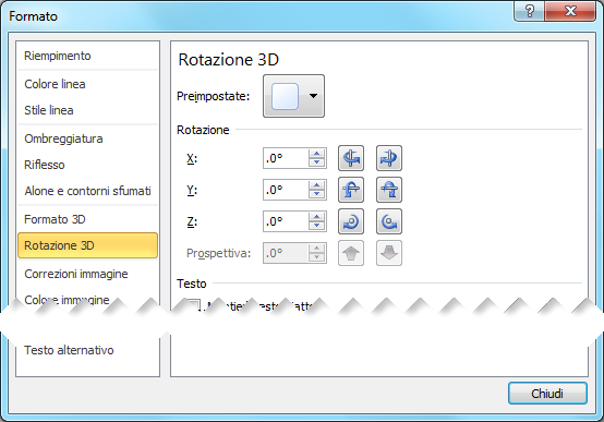 Opzioni di rotazione 3D nella finestra di dialogo Formato forma