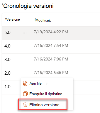 screenshot che elimina una versione