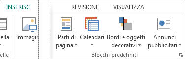 Screenshot del gruppo Blocchi predefiniti nella scheda Inserisci in Publisher.