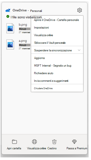 Immagine dell'elenco a discesa per la sincronizzazione OneDrive