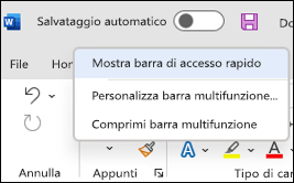 Immagine dell'opzione per visualizzare la barra di accesso rapido