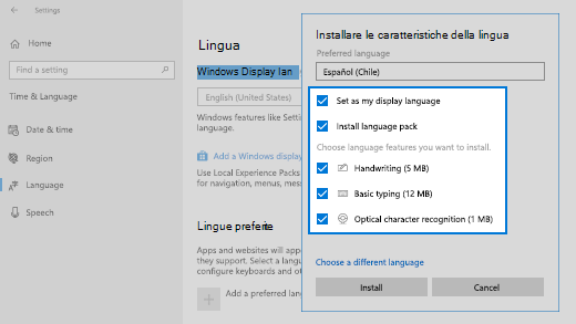 Installare le funzionalità del linguaggio in Windows 10