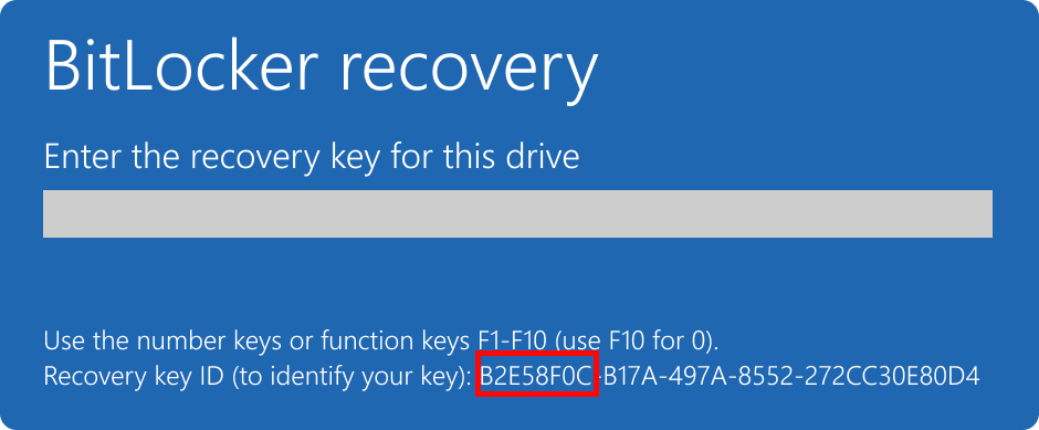 Screenshot della schermata di ripristino di BitLocker che evidenzia l'ID chiave.