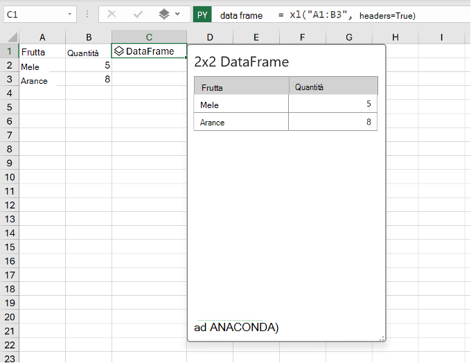 Anteprima di Python in Excel DataFrame, che mostra il codice python e i valori di Excel.