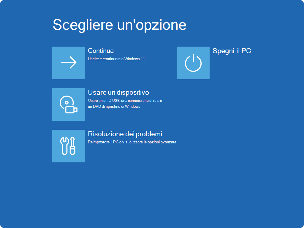 Screenshot della schermata Scegli un'opzione in Ambiente ripristino Windows.