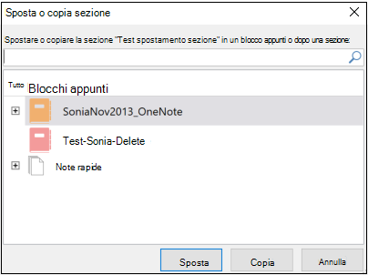 Finestra di dialogo Sposta o copia sezione di OneNote per Windows 2016