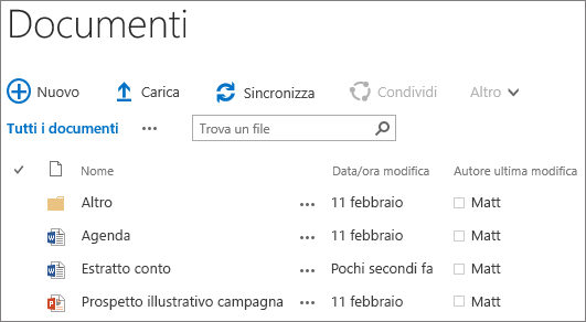 Screenshot di una raccolta documenti di SharePoint Server 2016
