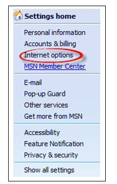 Opzioni Internet nel menu a discesa