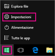 Accesso a Impostazioni dalla schermata Start di Windows 10