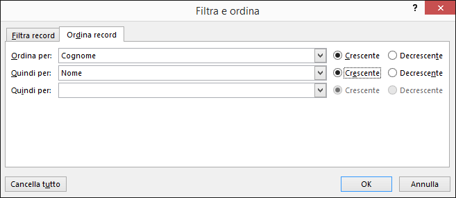 Nella procedura di stampa unione di Word scegliere Modifica elenco destinatari e quindi selezionare Ordina in Perfezionamento elenco destinatari.