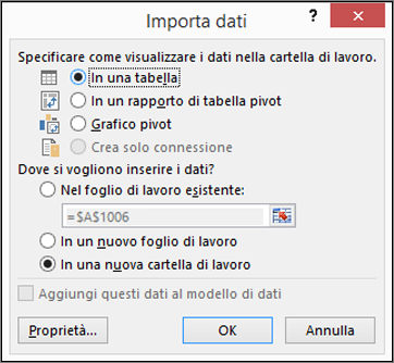 Finestra di dialogo Importa dati di Excel 2016