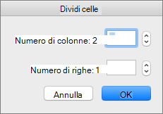 Screenshot che mostra la finestra di dialogo Dividi celle con le opzioni per impostare il numero di colonne e il numero di righe.