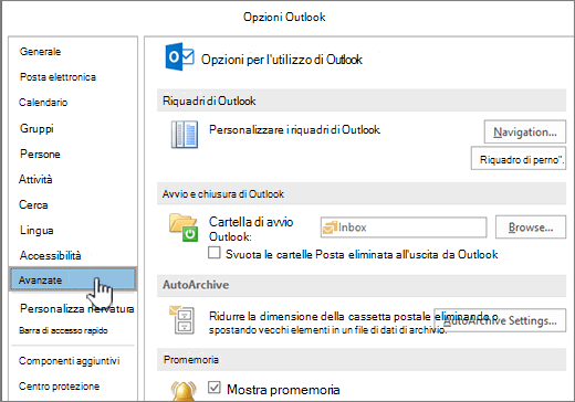 Opzioni di Outlook con l'opzione Avanzate selezionata