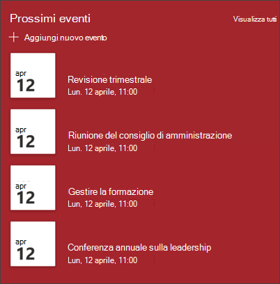 Screenshot della web part Eventi