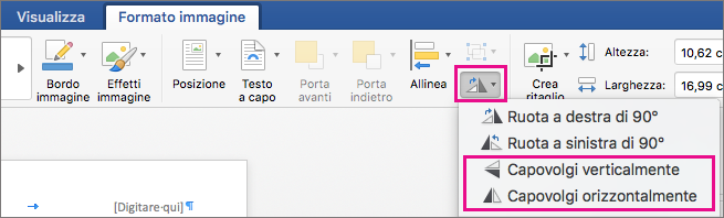Opzione Ruota oggetti evidenziata nella scheda Formato immagine.