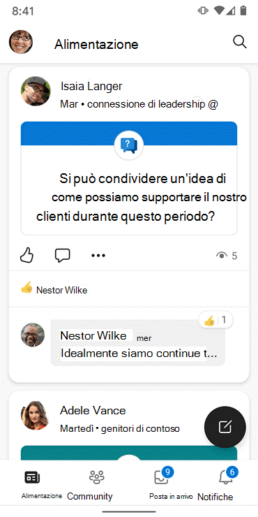 Screenshot che mostra il feed nell'app Yammer Android