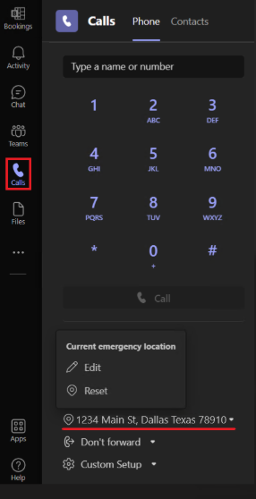 Immagine che mostra la tastiera del telefono di Teams con la casella Chiamate in rosso.