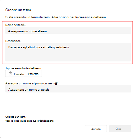 Screenshot della finestra Crea un team. Include un'area in cui aggiungere il nome, la descrizione e il tipo del team. È anche possibile creare il nome del primo canale.