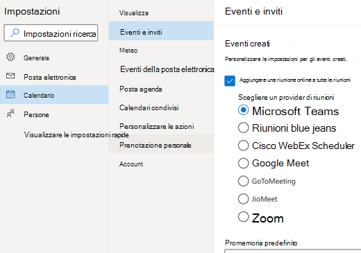 Outlook sul web : selezionare il provider predefinito di riunioni online
