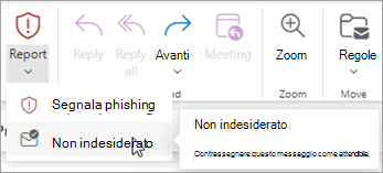 È possibile usare il pulsante Segnala > non indesiderato per ripristinare un messaggio dalla cartella Posta indesiderata e quindi indicare a Outlook di interrompere l'invio di messaggi da tale mittente nella cartella Posta indesiderata.