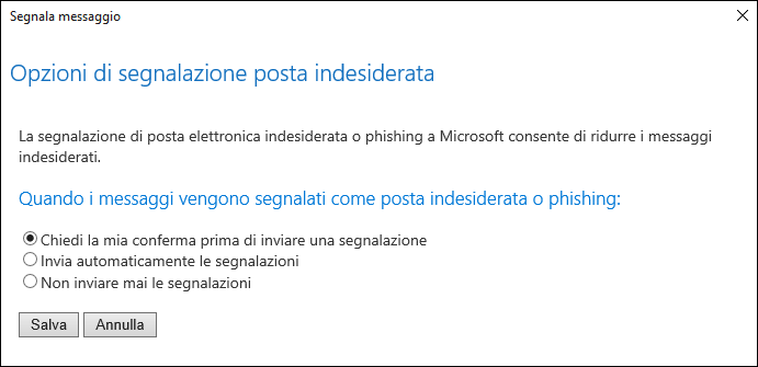 Screenshot che mostra le opzioni per i messaggi segnalati come posta indesiderata o tentativi di phishing