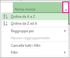 Immagine del menu Nome attività con l'opzione Ordina da A a Z selezionata