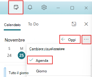 Impostare il riquadro La mia giornata sulla visualizzazione "Oggi" e "Agenda"