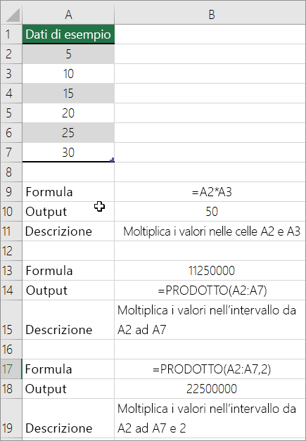 Moltiplicare numeri usando la funzione PRODOTTO