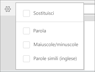 Opzioni Sostituisci, Parola, Maiuscole/minuscole e Parole simili per Trova in Word per Android.