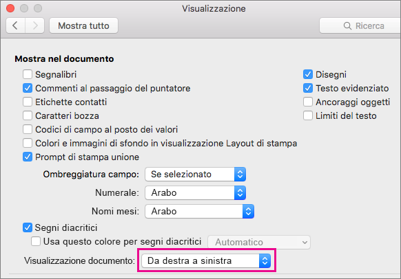 Opzioni per la visualizzazione dei documenti nella finestra di dialogo Visualizza