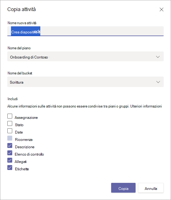 Finestra di dialogo Copia attività per la copia all'interno di un'attività all'interno di un piano