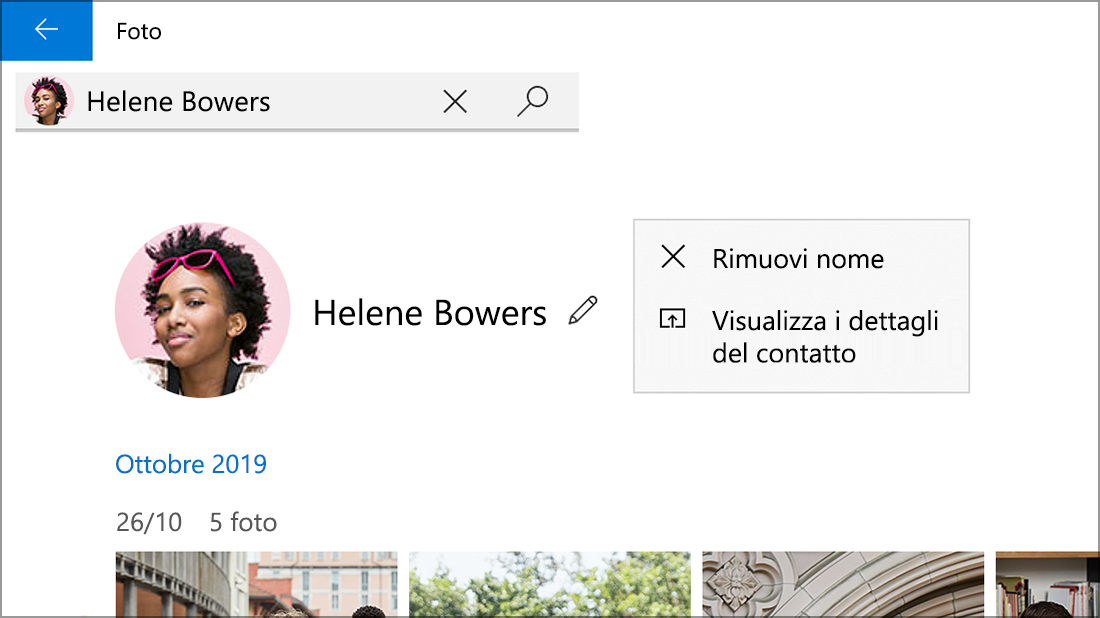 Screenshot di un contatto che mostra l'opzione Rimuovi nome.