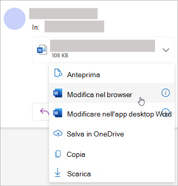 Screenshot che mostra l'elenco a discesa degli allegati con l'opzione Modifica nel browser selezionata
