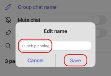 Salvare il nuovo nome della chat di gruppo in un dispositivo mobile