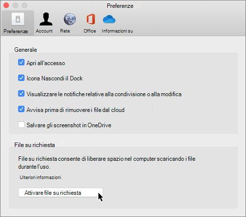 Screenshot di Preferenze in Mac per file OneDrive su richiesta