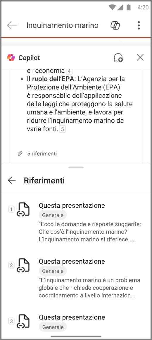 Screenshot di Copilot in PowerPoint nel dispositivo Android con riferimenti per la risposta Riepiloga questa presentazione
