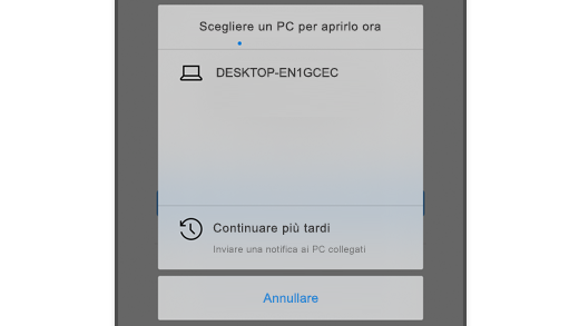 Screenshot che mostra Scegliere un PC in Microsoft Edge in iOS in modo che tu possa aprire la pagina Web nel computer.