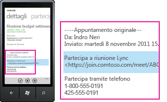 Schermata che mostra il numero di telefono di una chiamata in arrivo e il pulsante di risposta su un client mobile Lync