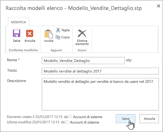 Modificare le proprietà di un modello di elenco