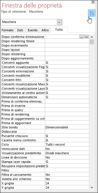 Screenshot della finestra delle proprietà di Access con le proprietà ordinate alfabeticamente