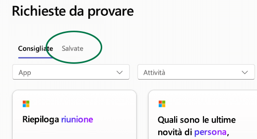 Libreria di richieste di Copilot Lab con la scheda Richieste salvate evidenziata.