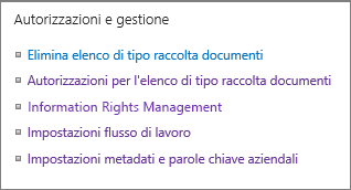 Collegamenti delle impostazioni Autorizzazioni e gestione per l'elenco