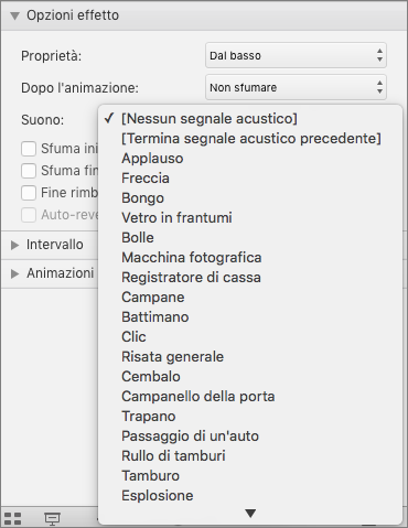 Lo screenshot mostra la sezione Opzioni effetto del riquadro Animazioni con il menu Audio espanso.
