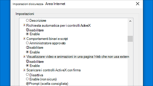 Impostazioni di sicurezza: controlli ActiveX in Internet Explorer